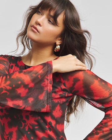 Red Blur Printed Long Sleeve Scoop Back Mesh Maxi Dress