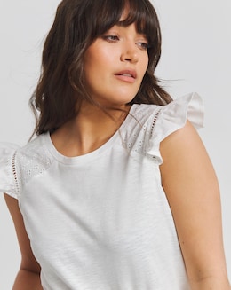 Simply Be White Broderie Frill T-Shirt with Ladder Trim