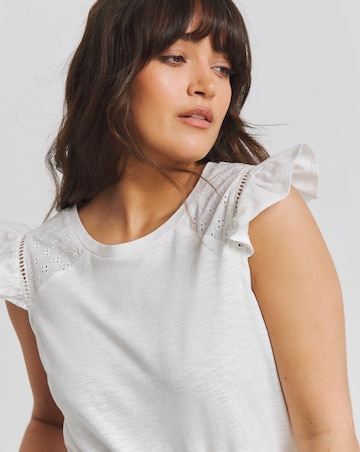 Simply Be White Broderie Frill T-Shirt with Ladder Trim