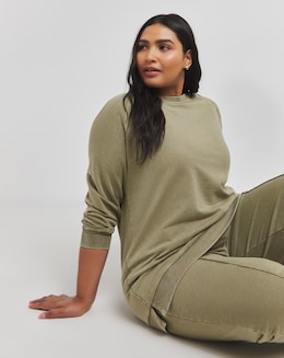 Acid Wash Khaki Raglan Sleeve Longline Sweatshirt