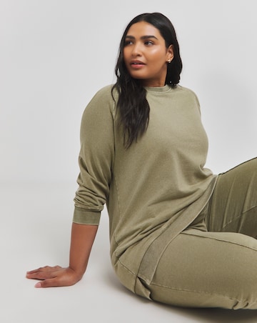 Acid Wash Khaki Raglan Sleeve Longline Sweatshirt
