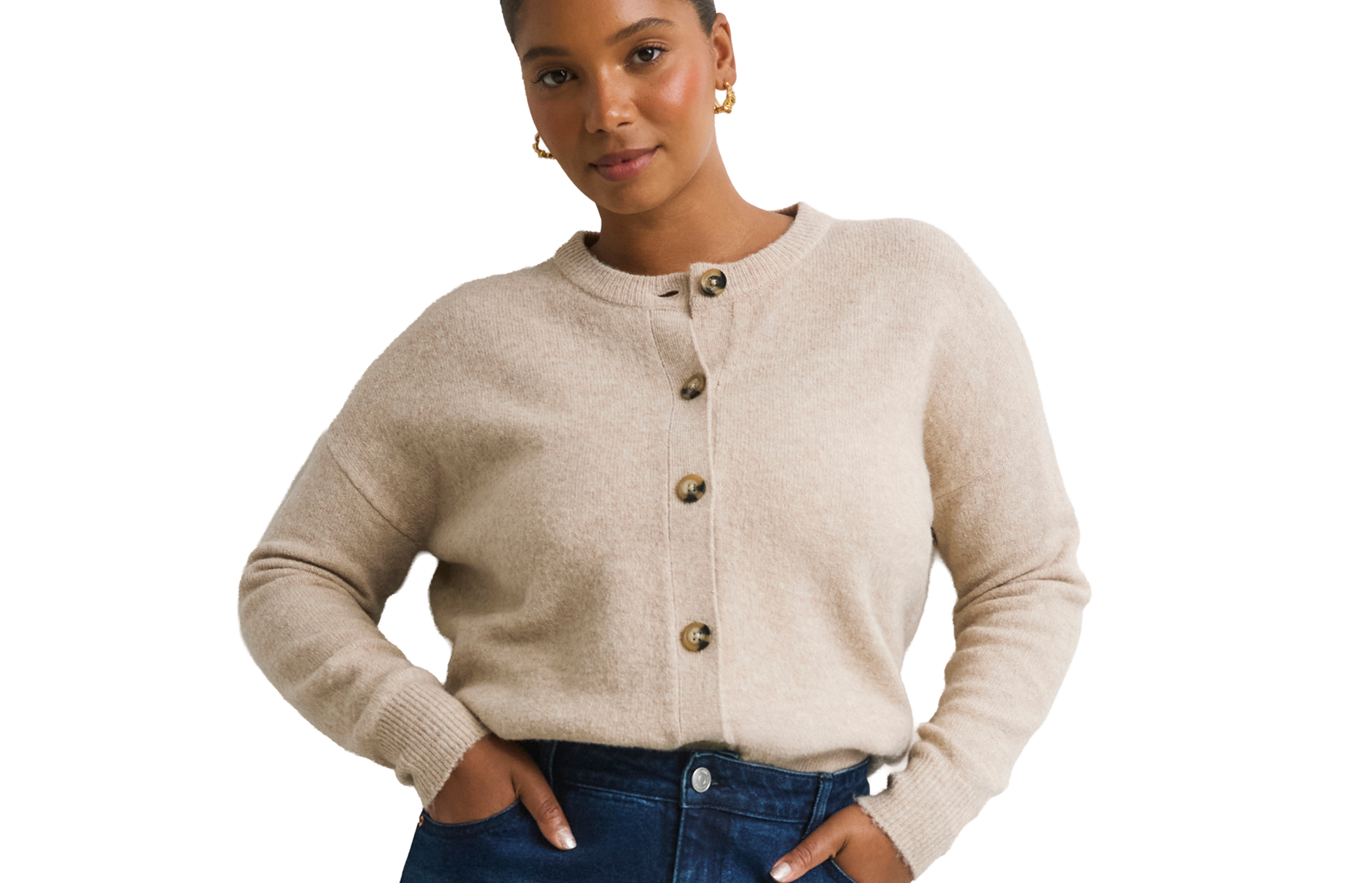 Model wears cardigan in oatmeal