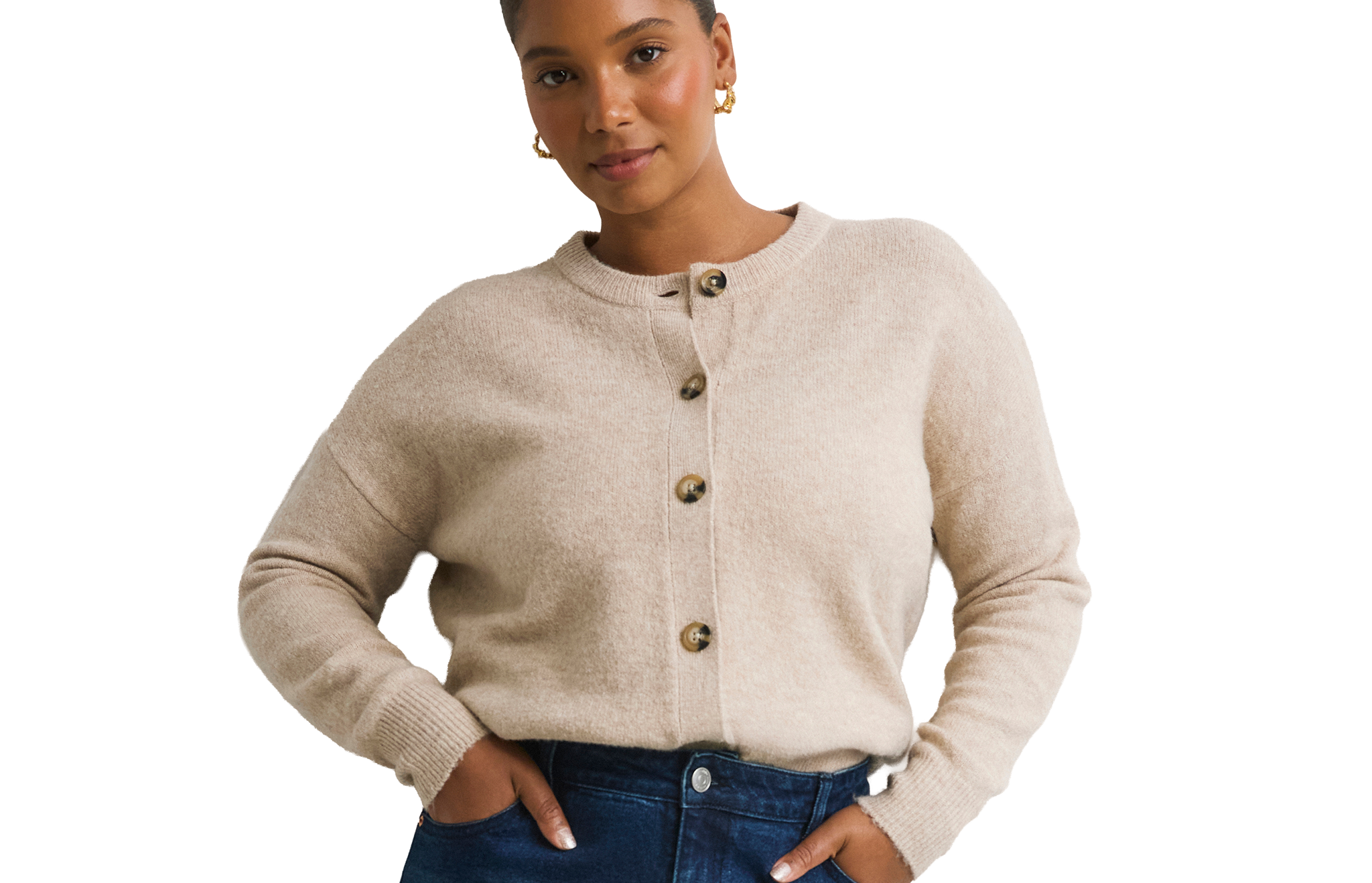 Model wears cardigan in oatmeal