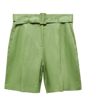 Mango Green Linen Bermuda Belted Shorts