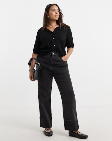 Black Turn Up Hem Straight Leg Jeans