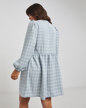 Blue Checked Collared Tie Front Smock Dress
