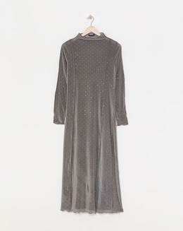 Grey Embellished Diamante Mesh Midaxi Dress