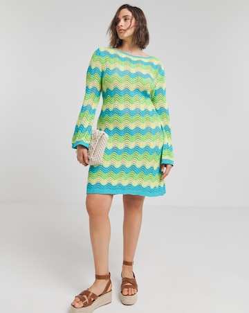 Colourful Crochet Look Wave Stitch Tie Back Knitted Mini Dress