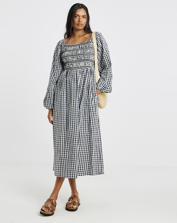 Simply Be Floral Embroidered Mono Gingham Shirred Midi Dress