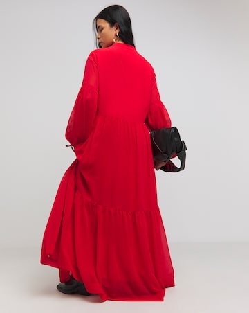 Red Tiered Romantic Maxi Dress With Tie Detail
