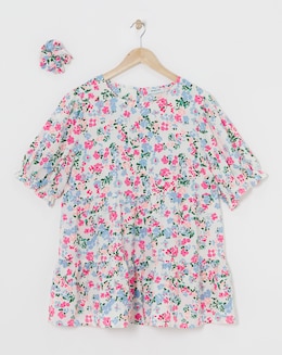 Ditsy Floral Print Tiered Smock Top &amp; Matching Scrunchie