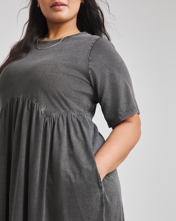 Acid Wash Jersey Smock Midi Dress With Pockets