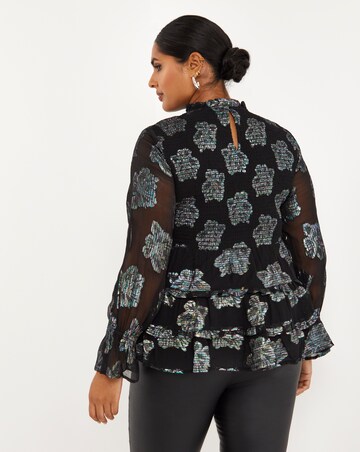 Foil Rainbow High Neck Shirred Tiered Blouse with Sheer Fluted Sleeves