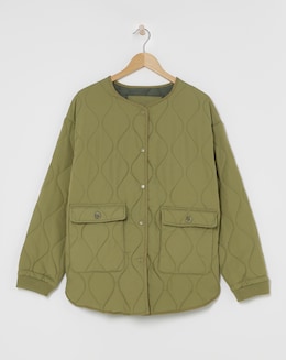 Khaki Round Neck Quilted Jacket