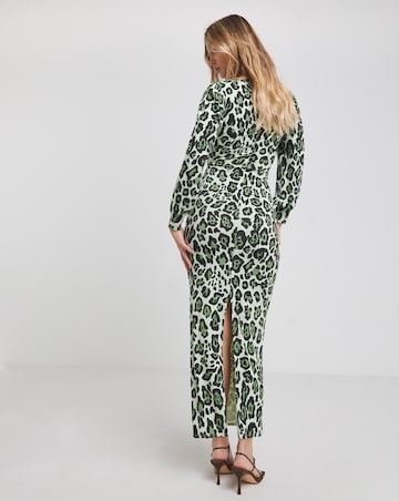 Flounce London Green Slinky Jersey Twist Knot Leopard Print Maxi Dress