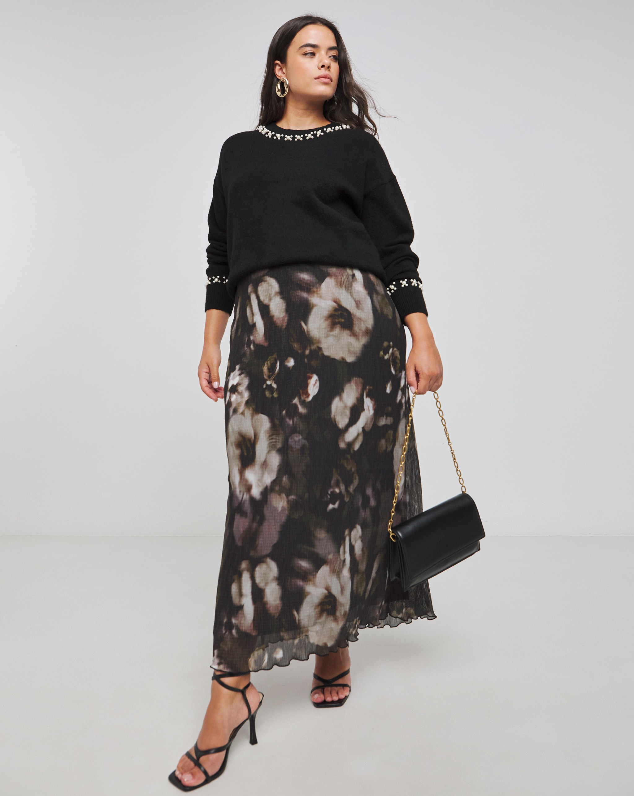 Smart knit in black with floral maxi skirt