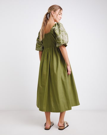 Khaki Embroidered Sleeve Cotton Poplin Midi Dress