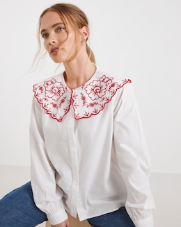 White Embroidered Collared Blouse