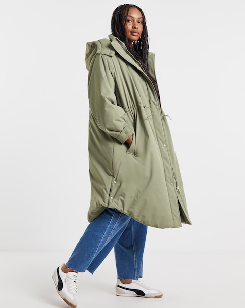 Khaki Fleece Lined Adjustable Waist Padded Parka