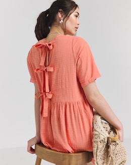 Simply Be Coral Check Bow Detail Smock Dress