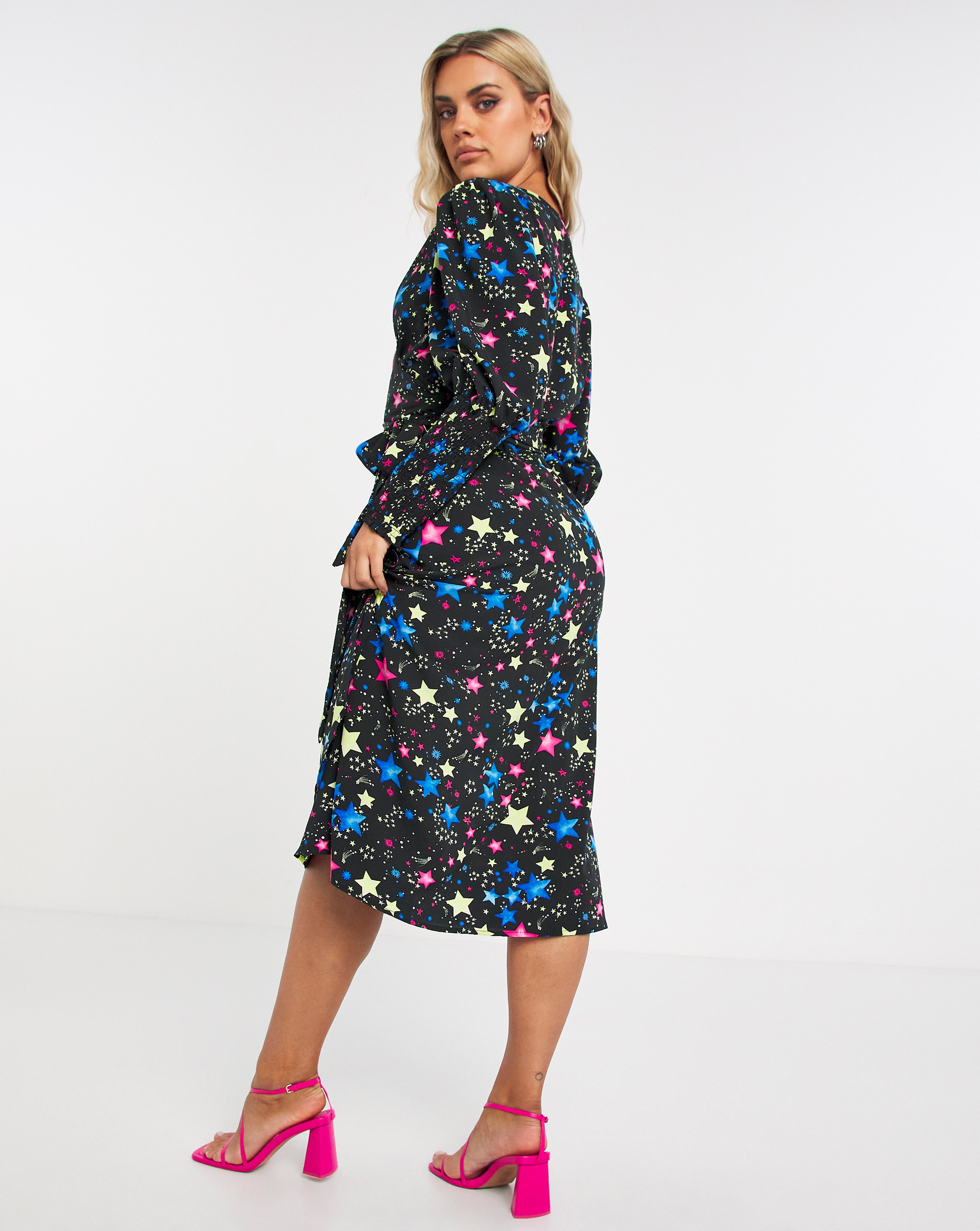 Black Cosmic Print Wrap Midi Dress with Shirred Cuff | Simply Be 