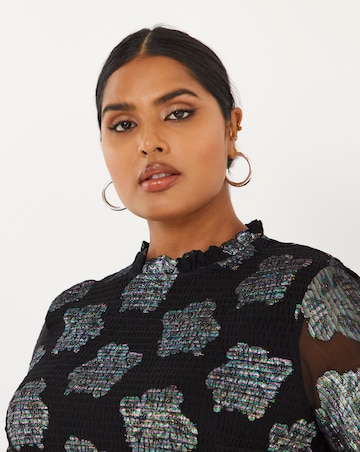 Foil Rainbow High Neck Shirred Tiered Blouse with Sheer Fluted Sleeves