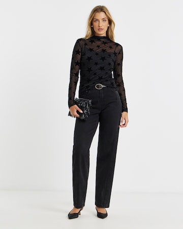 Black Velour Star Print Mesh Top