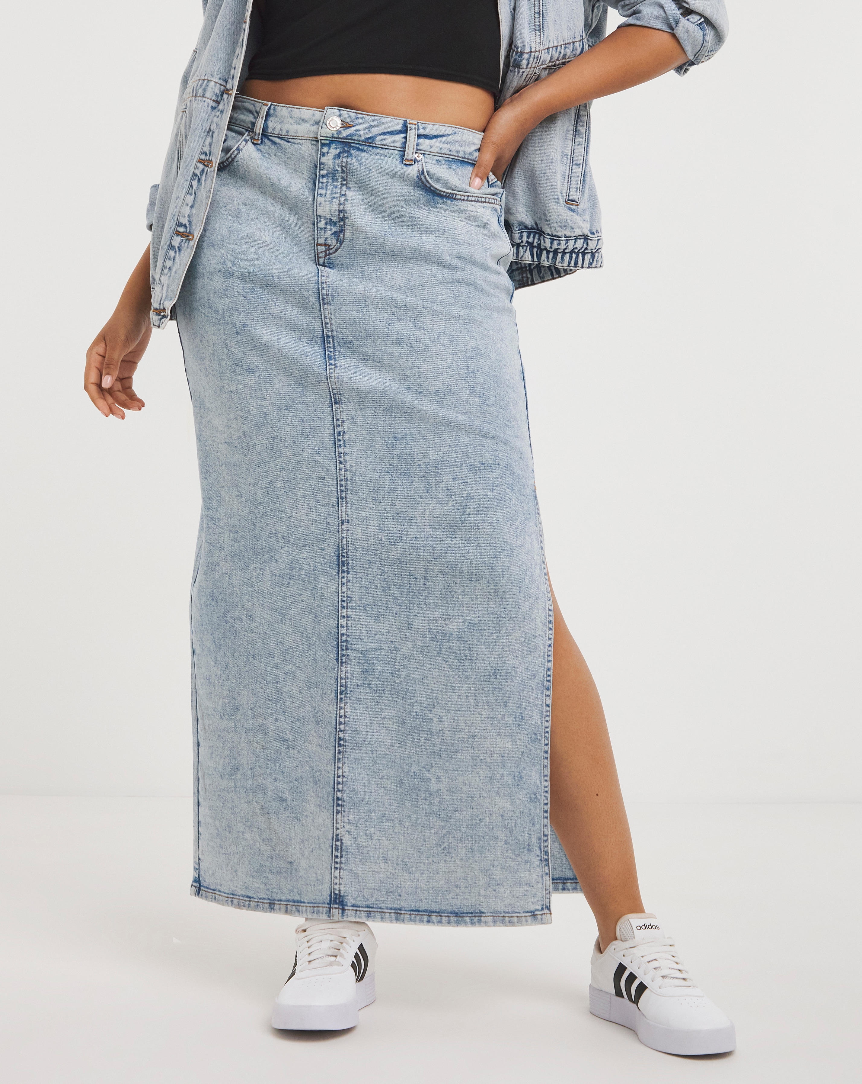 Long denim skirt with side splits hot sale