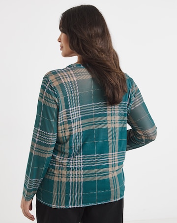 Green Check Print Long Sleeve Mesh Top