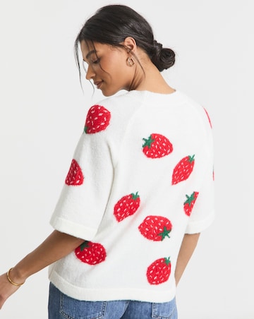 Ivory Strawberry Print Half Sleeve Knitted Tee
