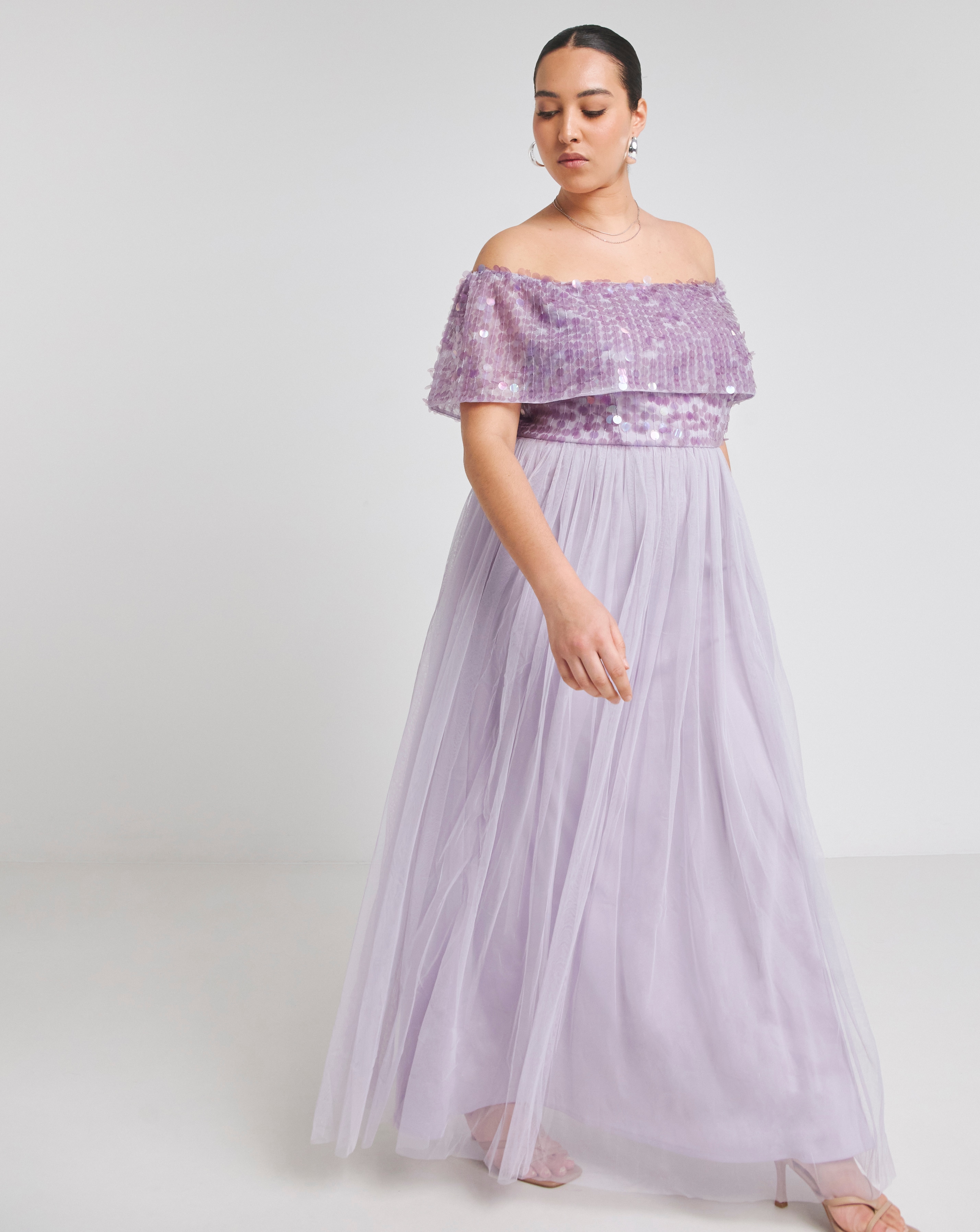 Maya Curve Bardot Disc Sequin Embellished Tulle Maxi Dress Simply Be