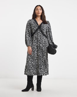 Black Print Supersoft Lace Trim Midi Dress