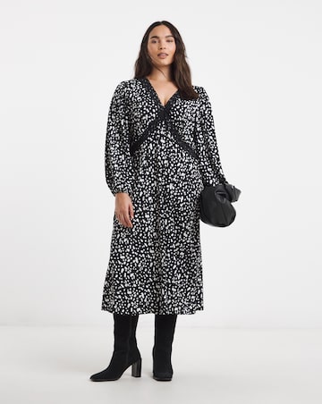 Black Print Supersoft Lace Trim Midi Dress