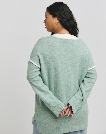 Green Contrast Tipped V Neck Longline Jumper