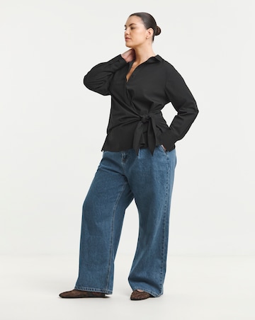 Mid Blue Pleat Detail Wide Leg Jeans