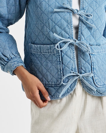 Mid Blue Quilted Tie Front Denim Jacket