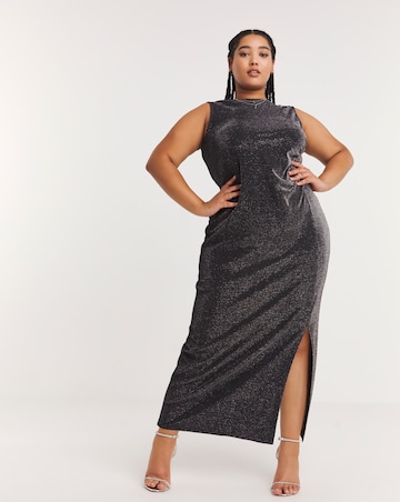 Black Glitter Knit Split Maxi Column Dress