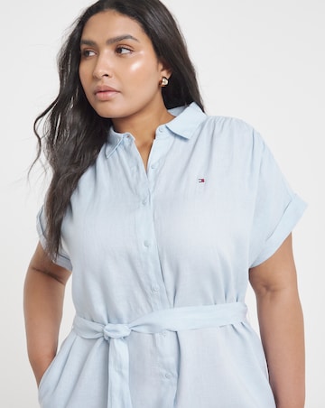 Tommy Hilfiger Linen Belted Short Sleeve Midi Dress
