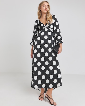 Flounce London Long Sleeve Black White Spot Midaxi Dress