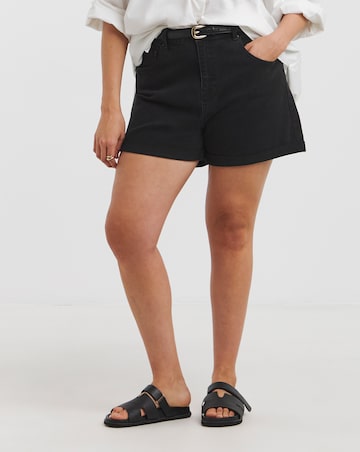 Washed Black Roll Hem Mom Shorts