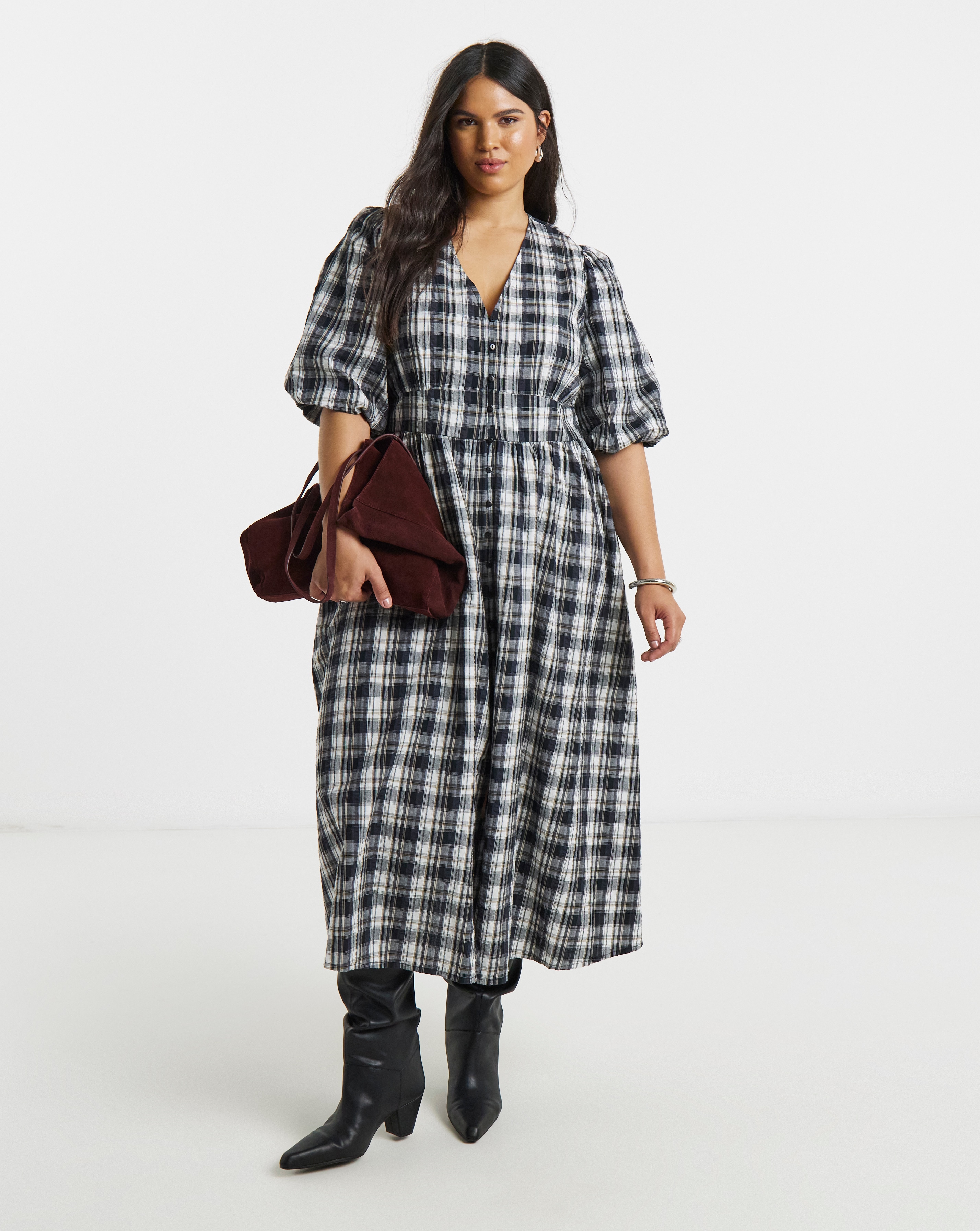 Mono Check Midi Dress With Pockets | Simply Be