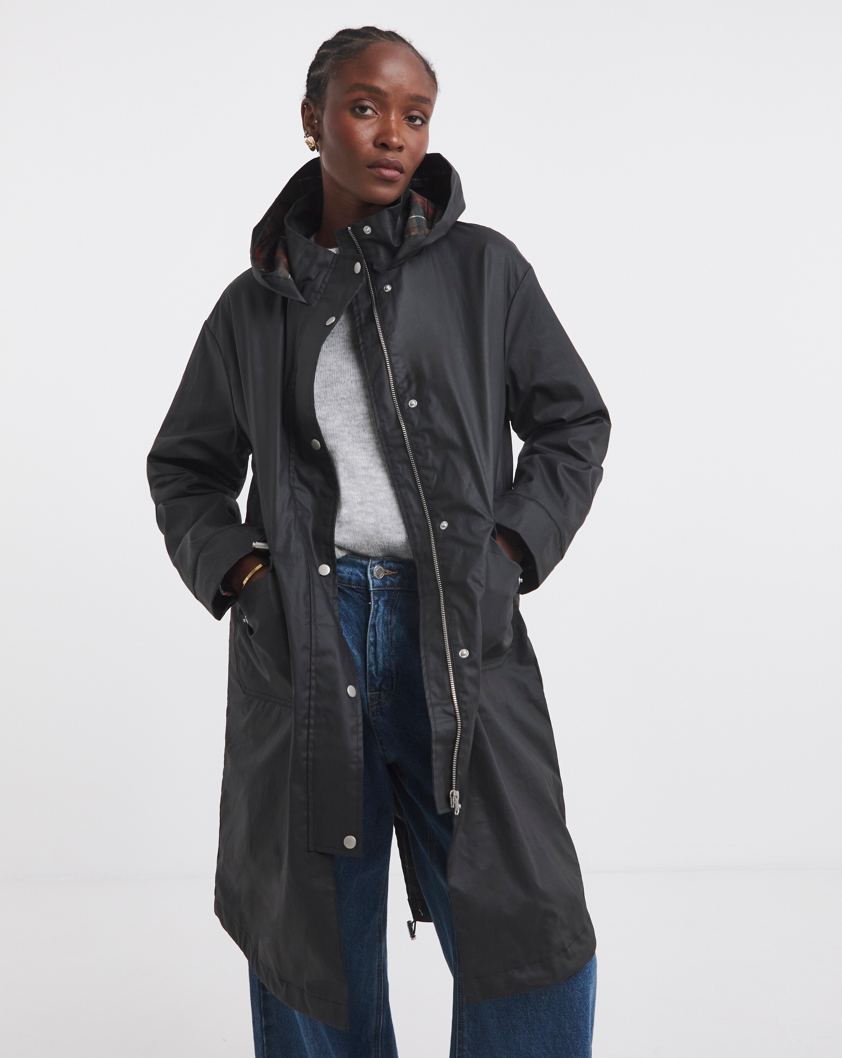 Black Double Pocket Check Lined Coated Coat