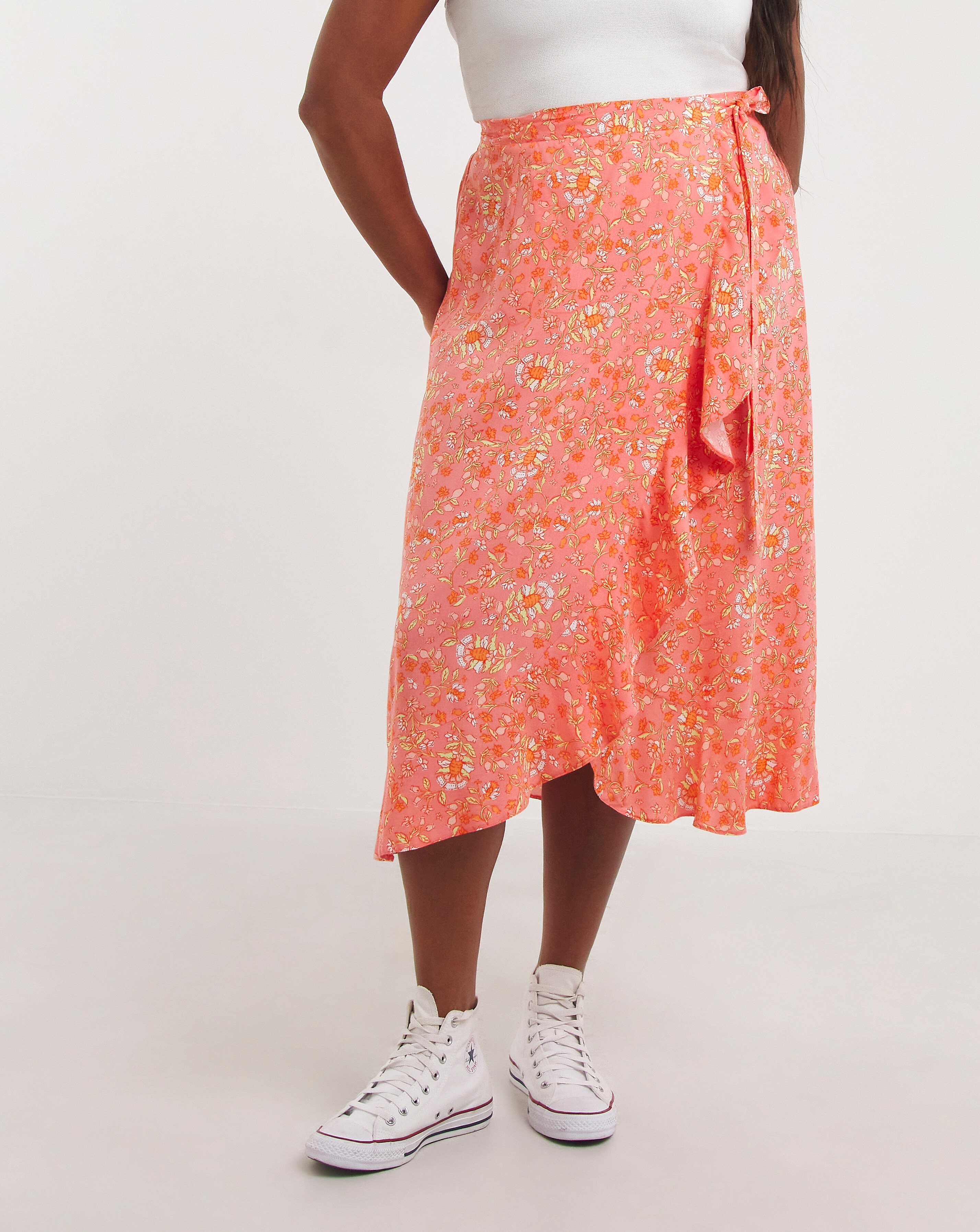 Orange Floral Print Frill Wrap Midi Skirt Simply Be