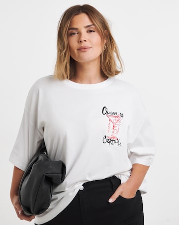 Simply Be White Queen of Cocktails Oversized Graphic T-Shirt