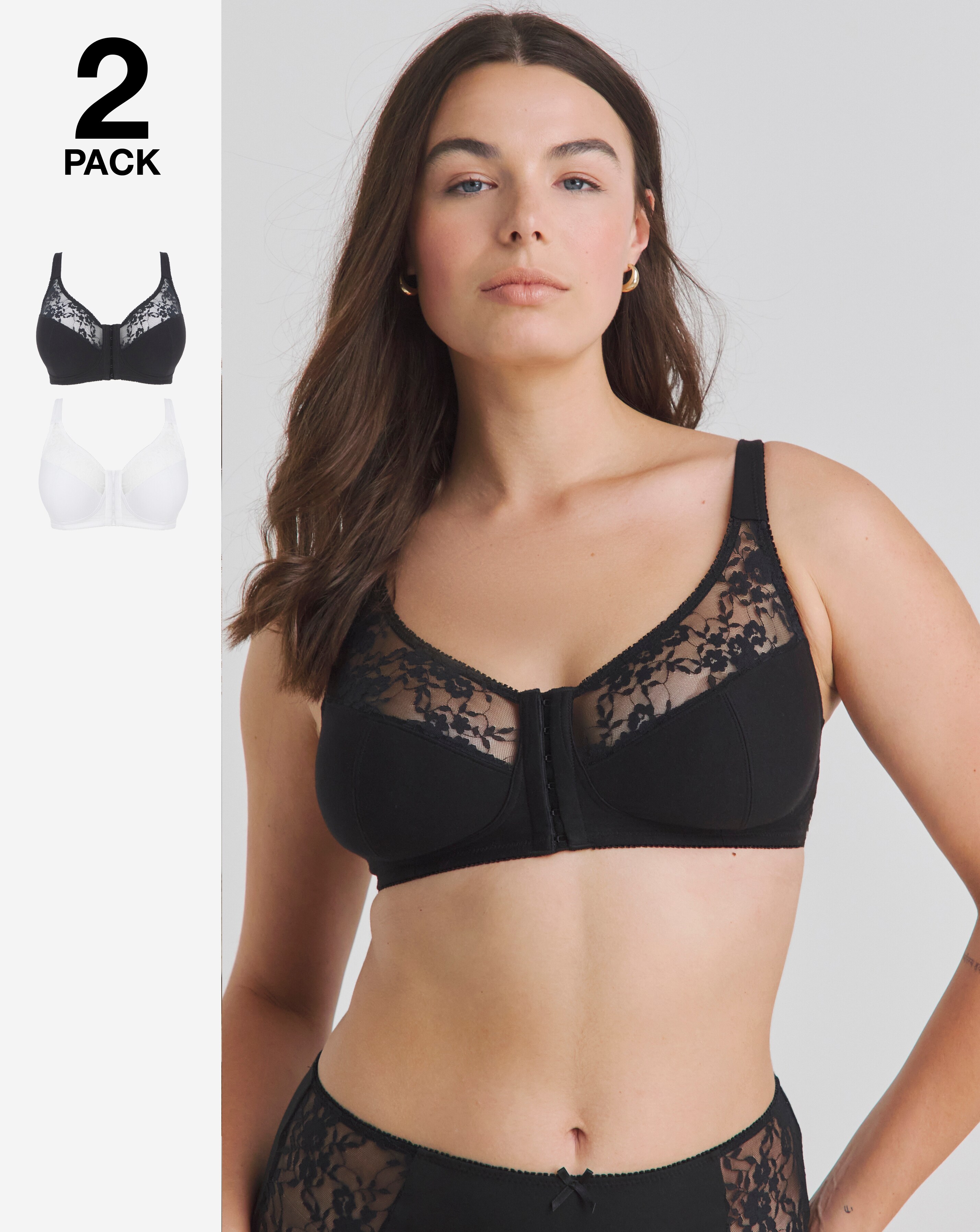 Pretty Secrets (2 Pack) Cotton Lace Front Fastening Non Wired Full Cup Bras