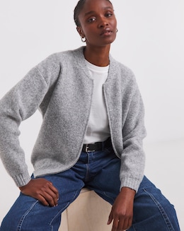 Grey Knitted Ribbed Bomber Jacket