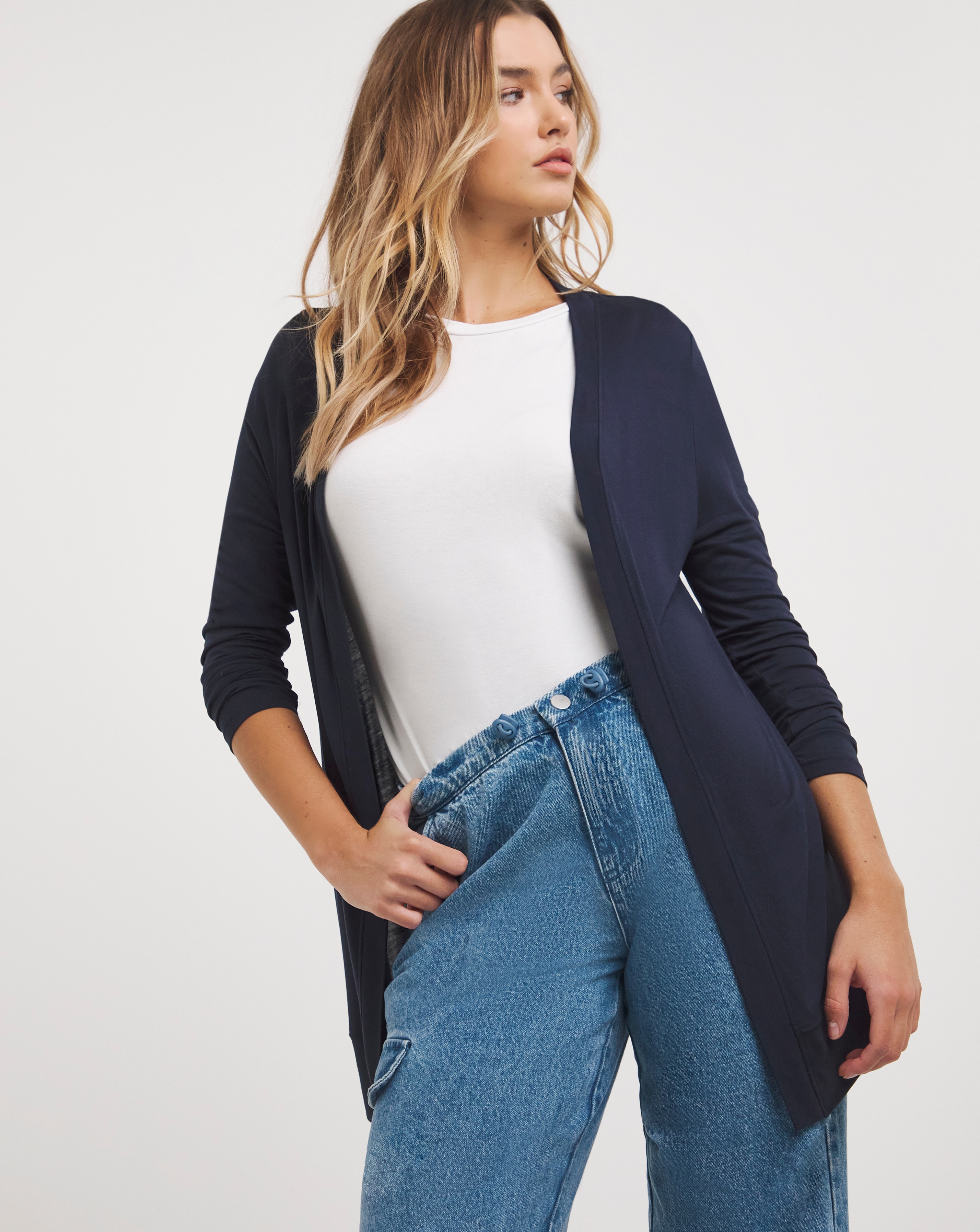 Navy Long Sleeve Edge To Edge Jersey Cardigan Simply Be