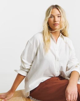 Simply Be Ivory Artisan Long Sleeve Relaxed Shirt With Lurex Trim