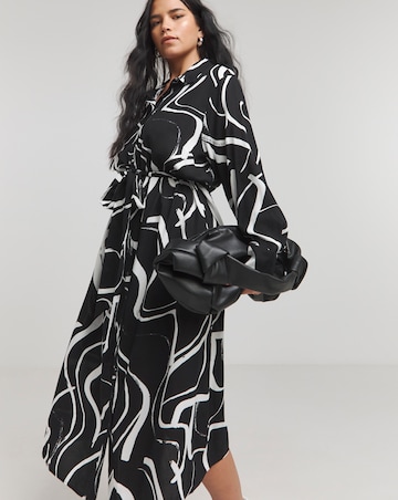 Black Print Long Sleeve Button Through Shirt Dress