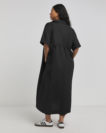 Black Cotton Collared Midi Dress With Pockets